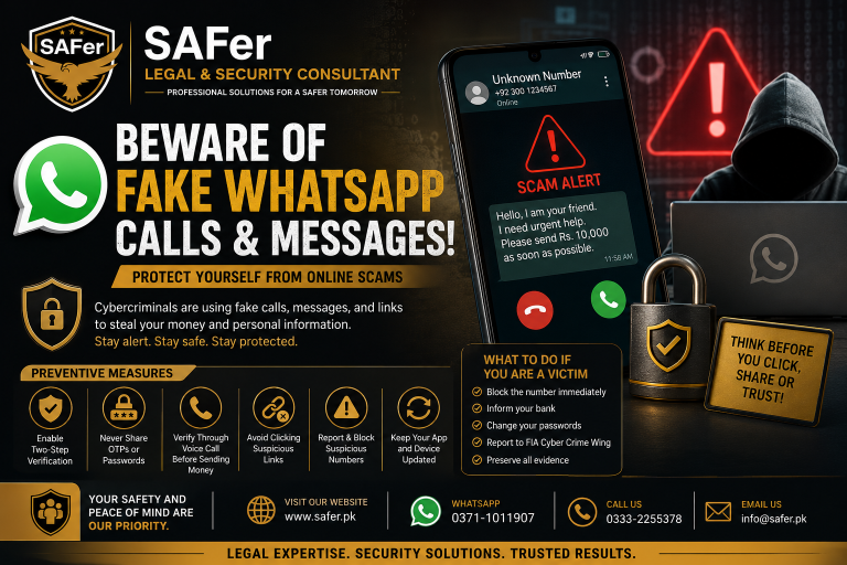 Beware of Fake WhatsApp Calls and Messages: How to Protect Yourself from Online Scams By: SAFer Legal & Security Consultant.